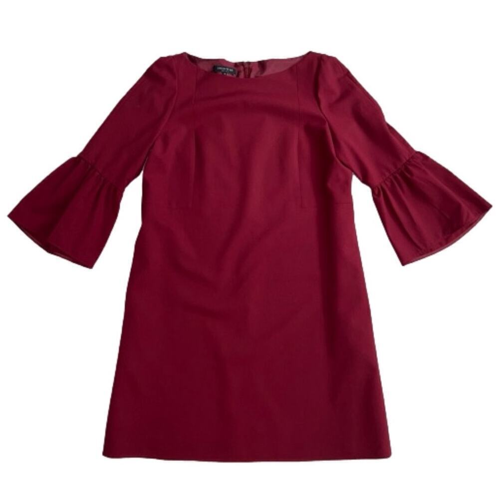 Lafayette 148 Lightweight Wool Cranberry Red Shift Dress Bell Sleeve Size M